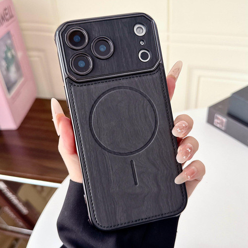 iPhone 17 Pro Large Window TPU Electroplated Wood Grain PU MagSafe Phone Case with Lens Film - Black