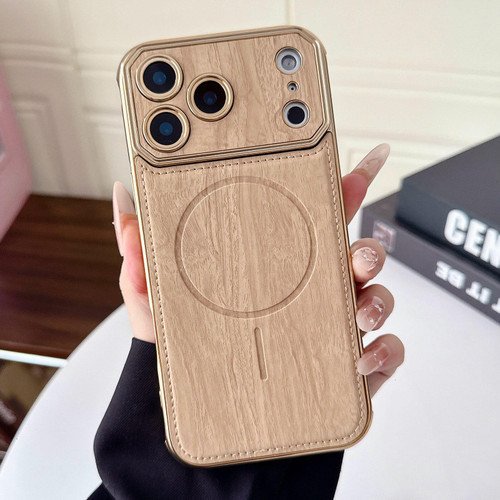 iPhone 17 Pro Large Window TPU Electroplated Wood Grain PU MagSafe Phone Case with Lens Film - Gold