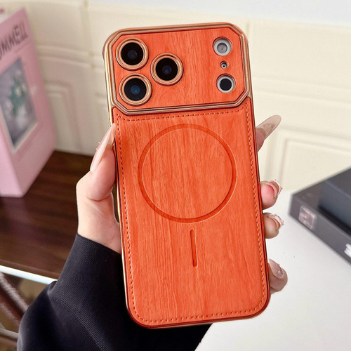 iPhone 17 Pro Large Window TPU Electroplated Wood Grain PU MagSafe Phone Case with Lens Film - Orange