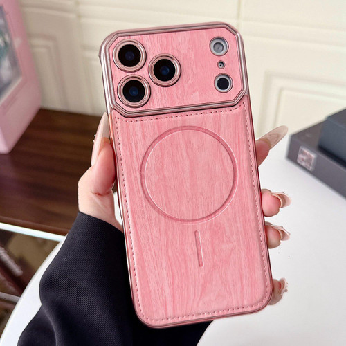 iPhone 17 Pro Large Window TPU Electroplated Wood Grain PU MagSafe Phone Case with Lens Film - Pink