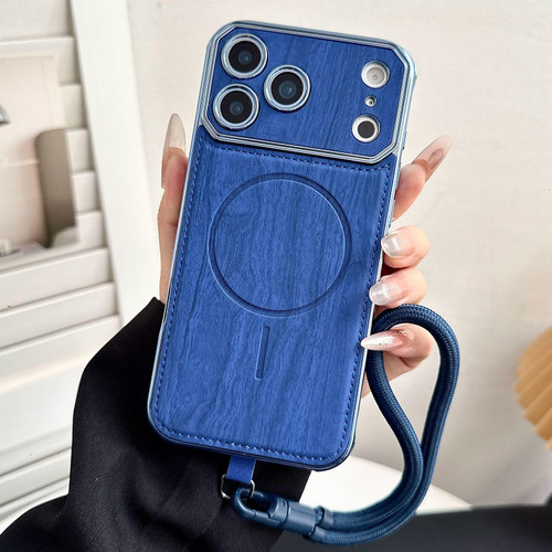 iPhone 17 Pro Large Window TPU Electroplated Wood Grain PU MagSafe Phone Case with Lens Film & Strap - Blue