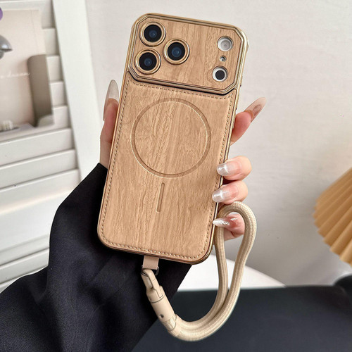 iPhone 17 Pro Large Window TPU Electroplated Wood Grain PU MagSafe Phone Case with Lens Film & Strap - Gold