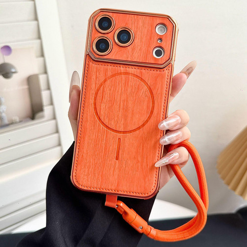 iPhone 17 Pro Large Window TPU Electroplated Wood Grain PU MagSafe Phone Case with Lens Film & Strap - Orange