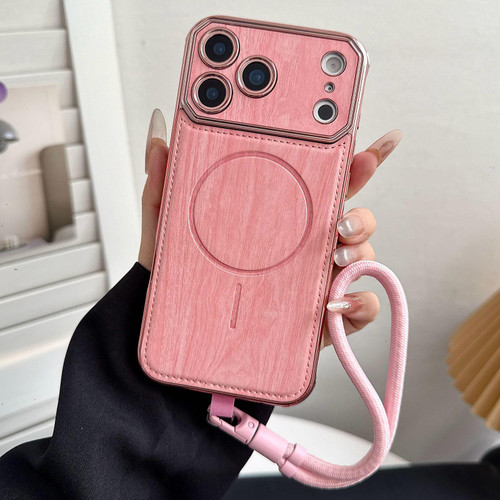 iPhone 17 Pro Large Window TPU Electroplated Wood Grain PU MagSafe Phone Case with Lens Film & Strap - Pink