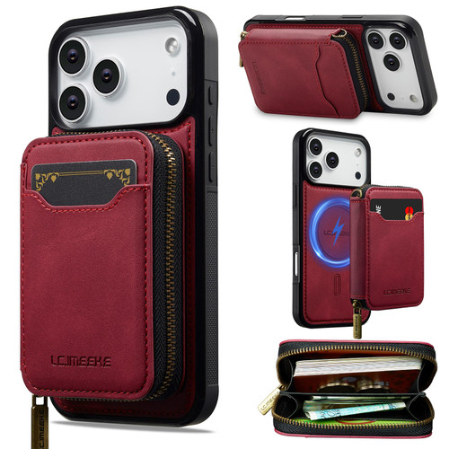 iPhone 17 Pro LC.IMEEKE L6 Series Zipper Card Bag MagSafe Magnetic Phone Case - Red