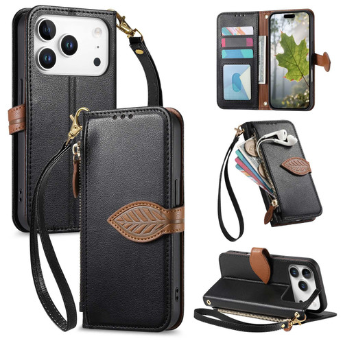 iPhone 17 Pro Leaf Buckle Zipper Wallet Leather Phone Case with Strap - Black