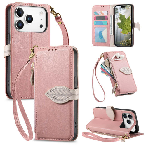iPhone 17 Pro Leaf Buckle Zipper Wallet Leather Phone Case with Strap - Pink