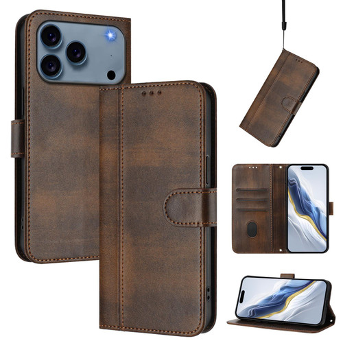 iPhone 17 Pro Line Splicing Buckle Retro Leather Phone Case - Brown
