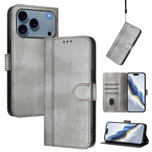 iPhone 17 Pro Line Splicing Buckle Retro Leather Phone Case - Grey