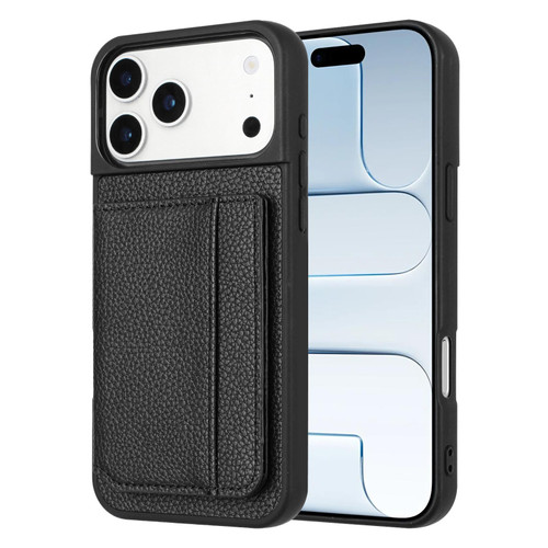 iPhone 17 Pro Litchi Pattern Magnetic Card Bag Holder Phone Case - Black