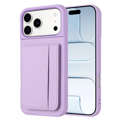 iPhone 17 Pro Litchi Pattern Magnetic Card Bag Holder Phone Case - Purple