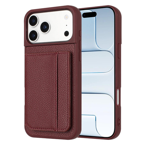 iPhone 17 Pro Litchi Pattern Magnetic Card Bag Holder Phone Case - Wine Red