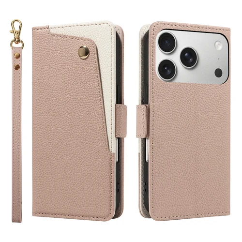 iPhone 17 Pro Litchi Texture Wallet Mirror Leather Phone Case - Pink