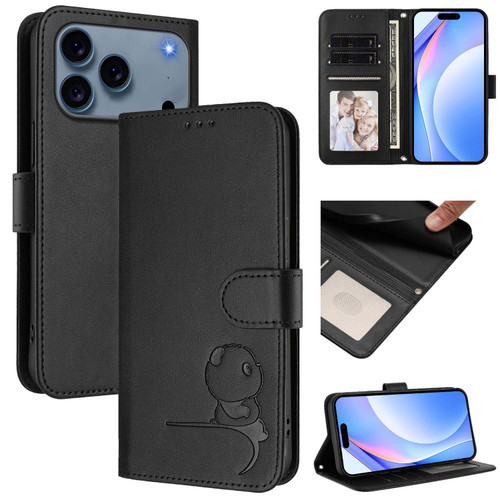 iPhone 17 Pro Litter Panda Embossing RFID Leather Phone Case with Lanyard - Black