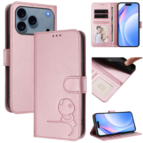 iPhone 17 Pro Litter Panda Embossing RFID Leather Phone Case with Lanyard - Pink