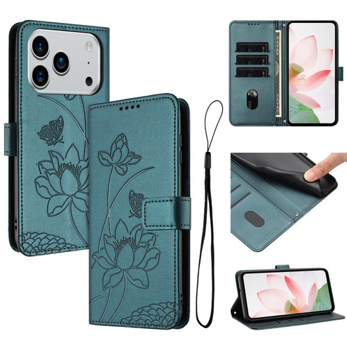 iPhone 17 Pro Lotus Embossed Leather Phone Case with Lanyard - Dark Green
