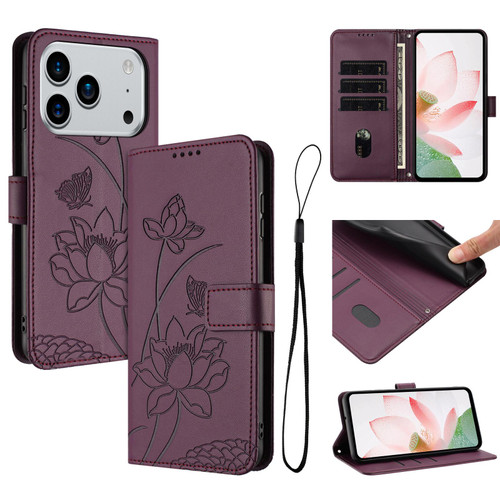 iPhone 17 Pro Lotus Embossed Leather Phone Case with Lanyard - Wine Red