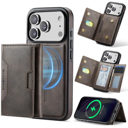 iPhone 17 Pro MAGKING K4 Series MagSafe RFID Tri-fold Card Bag Detachable Phone Case - Coffee