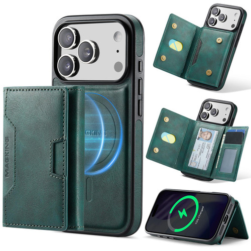 iPhone 17 Pro MAGKING K4 Series MagSafe RFID Tri-fold Card Bag Detachable Phone Case - Green