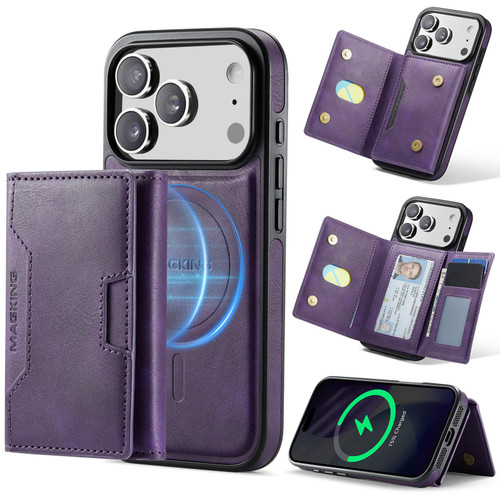 iPhone 17 Pro MAGKING K4 Series MagSafe RFID Tri-fold Card Bag Detachable Phone Case - Purple