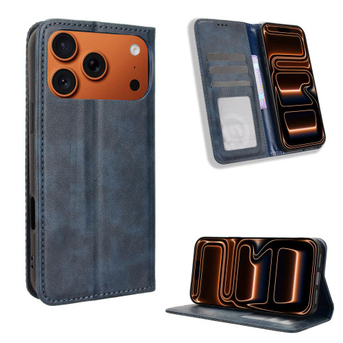 iPhone 17 Pro Magnetic Buckle Retro Texture Leather Phone Case - Blue
