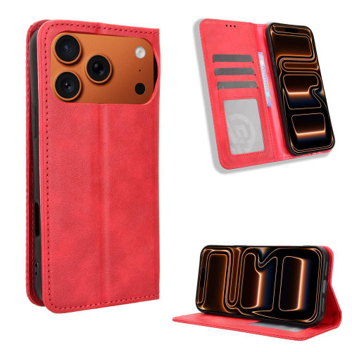 iPhone 17 Pro Magnetic Buckle Retro Texture Leather Phone Case - Red