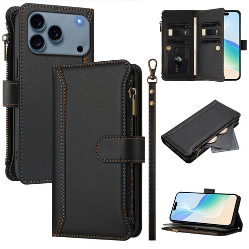 iPhone 17 Pro Magnetic Closure 9 Card Slots Zipper Leather Case with Hand Strap - Black