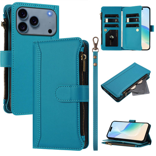 iPhone 17 Pro Magnetic Closure 9 Card Slots Zipper Leather Case with Hand Strap - Turquoise