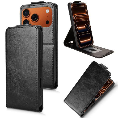 iPhone 17 Pro Magnetic Vertical Flip Leather Phone Case with Buckle - Black