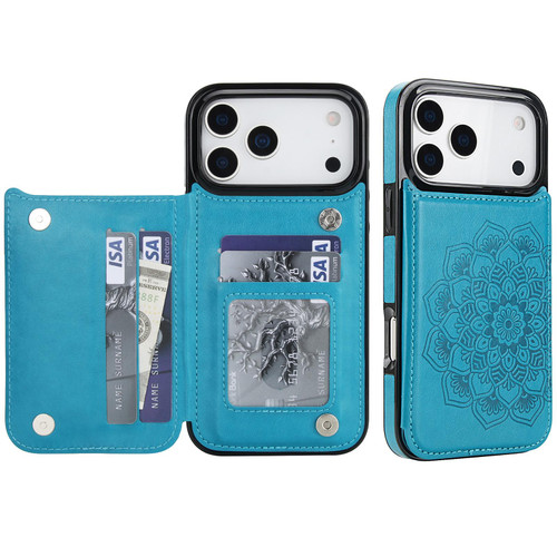 iPhone 17 Pro Max Double Buckle Mandala Leather Wallet Back Cover Phone Case - Blue