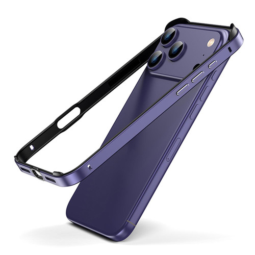 iPhone 17 Pro Metal Hybrid Silicone Four-Corner Shockproof Cooling Phone Frame Case - Black vinyl + Dark Purple