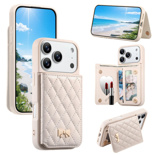 iPhone 17 Pro Mirror Rhombic Texture Metal Bow-knot Vegan Leather Card Bag Phone Case - Beige