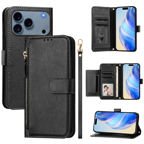 iPhone 17 Pro Multi-Card Slots Zipper Wallet Leather Phone Case - Black