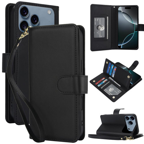 iPhone 17 Pro Multi-Card Wallet RFID Leather Phone Case - Black