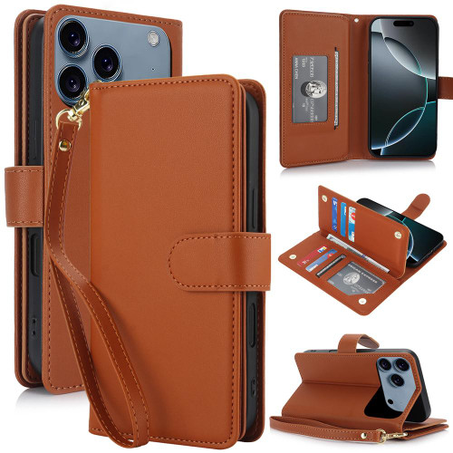iPhone 17 Pro Multi-Card Wallet RFID Leather Phone Case - Brown