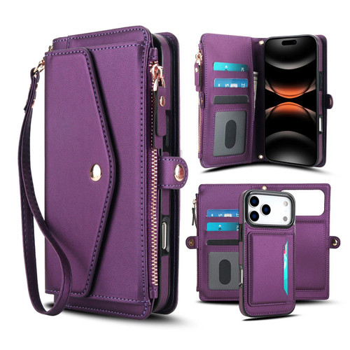 iPhone 17 Pro Multifunctional Wallet Detachable Leather Phone Case with Lanyard - Dark Purple
