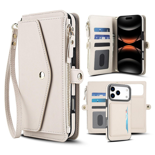 iPhone 17 Pro Multifunctional Wallet Detachable Leather Phone Case with Lanyard - White