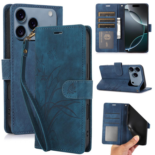 iPhone 17 Pro Orchid Butterfly Embossed Leather Phone Case - Blue