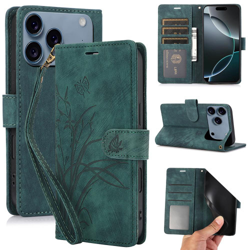 iPhone 17 Pro Orchid Butterfly Embossed Leather Phone Case - Green