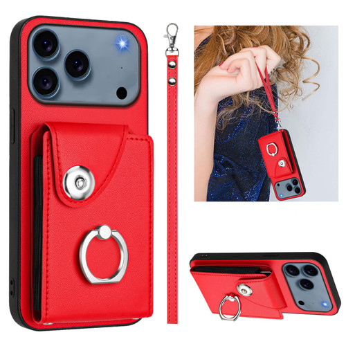 iPhone 17 Pro Organ Card Bag Ring Holder PU Phone Case with Lanyard - Red