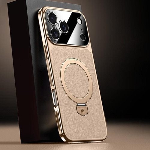 iPhone 17 Pro Plain Leather MagSafe Holder Phone Case - Gold