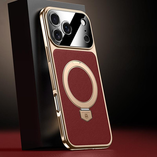 iPhone 17 Pro Plain Leather MagSafe Holder Phone Case - Red