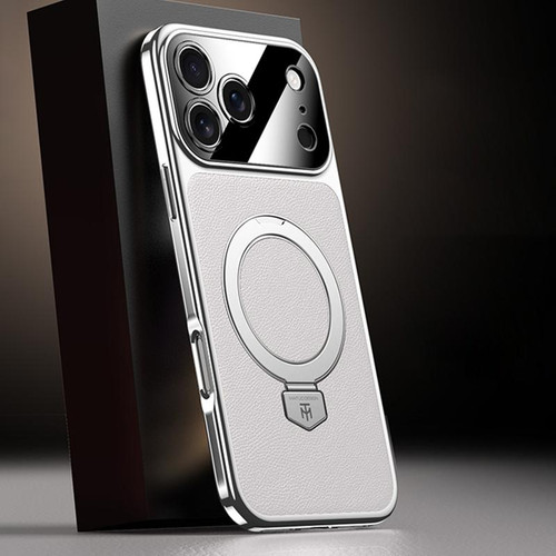 iPhone 17 Pro Plain Leather MagSafe Holder Phone Case - White