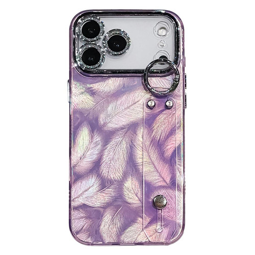 iPhone 17 Pro Plating Feather Texture Wristband Holder TPU Phone Case with Lens Film - Purple
