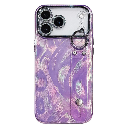 iPhone 17 Pro Plating Feather-Gauze Texture Wristband Holder TPU Phone Case with Lens Film - Purple