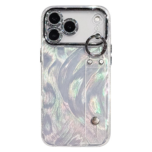iPhone 17 Pro Plating Feather-Gauze Texture Wristband Holder TPU Phone Case with Lens Film - White