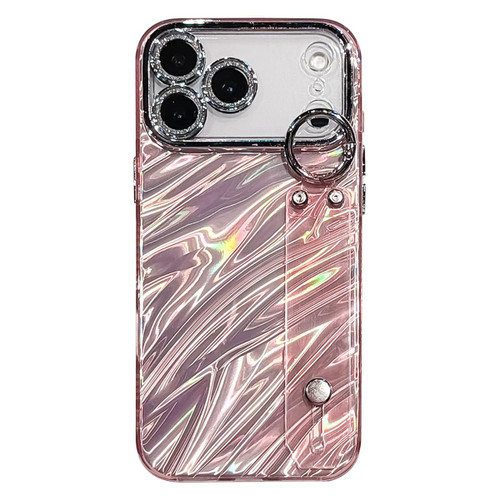 iPhone 17 Pro Plating Ripples Texture Wristband Holder TPU Phone Case with Lens Film - Pink