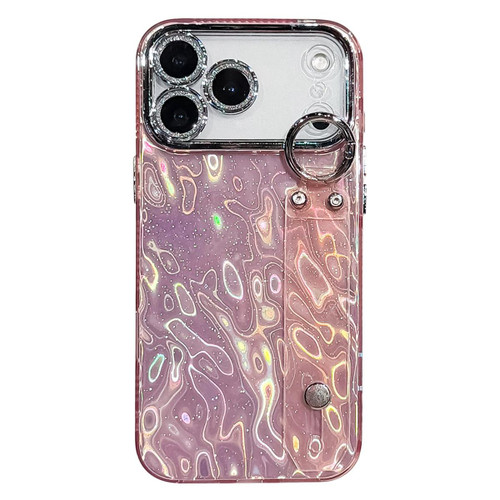 iPhone 17 Pro Plating Wrinkled Texture Wristband Holder TPU Phone Case with Lens Film - Pink