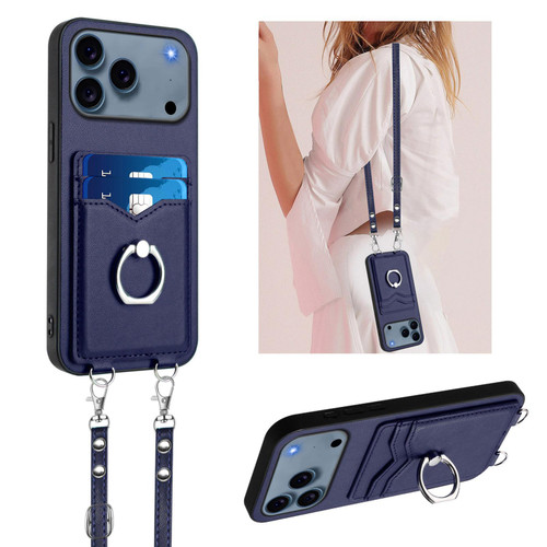 iPhone 17 Pro R20 Crossbody Rope Ring Card Holder Phone Case - Blue