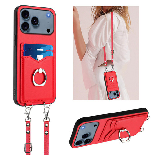 iPhone 17 Pro R20 Crossbody Rope Ring Card Holder Phone Case - Red